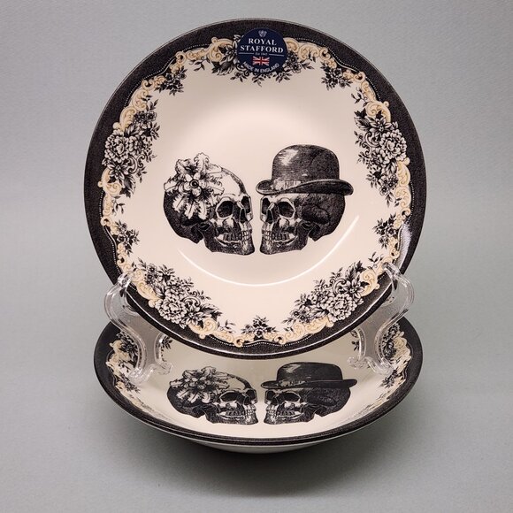 Set of 2  Cereal Bowls - Royal Stafford Skulls & Roses Halloween China Dishes - Picture 1 of 6